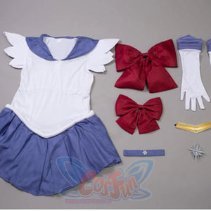 Sailor Saturn Hotaru Tomoe cosplay dress anchors red bows at the chest beside a star choker and gold tiara.