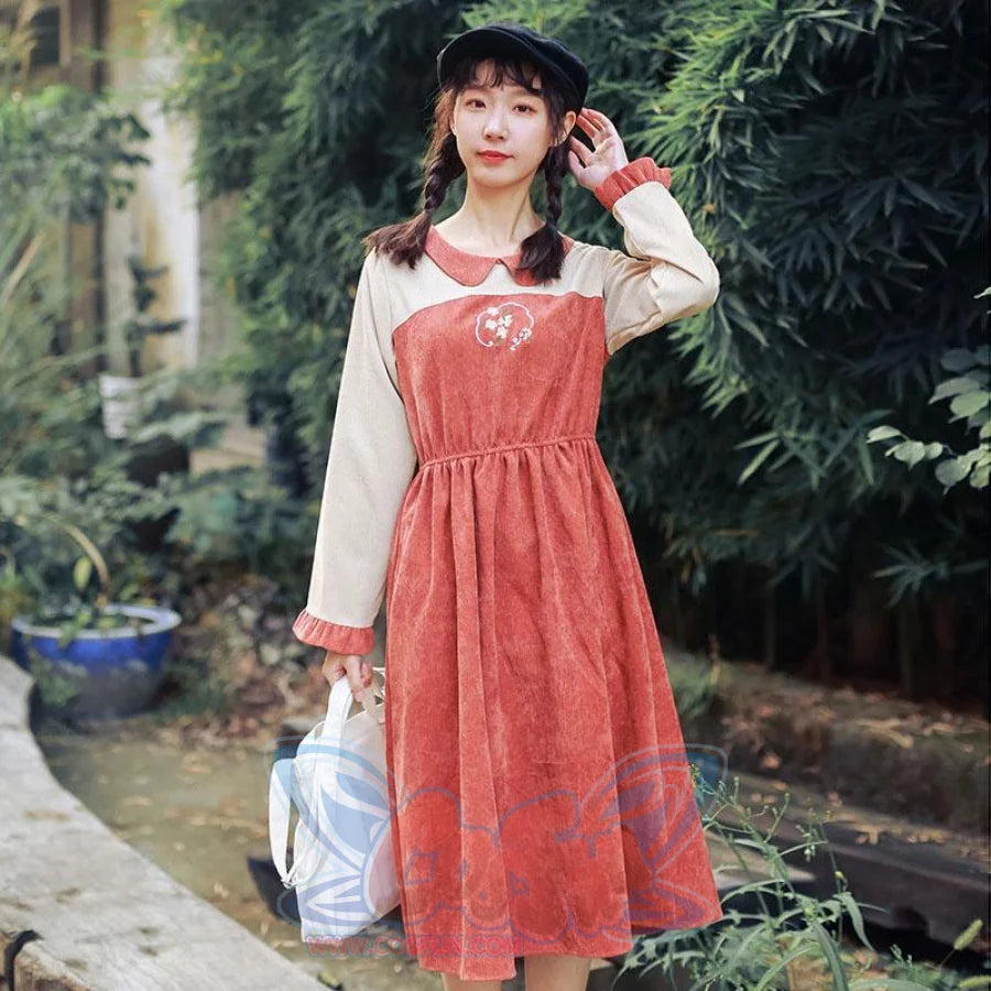 Comely Kimono- Inspried Floral Perter Pan Collar Ruffle High-Low Dress J40033 Red & Beige / S