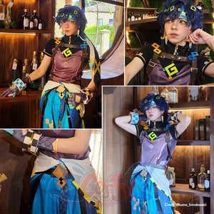 cosfun Genshin Impact Kinich Cosplay Costume mode photo: Collage of a person in a detailed costume with various poses in a bar setting.