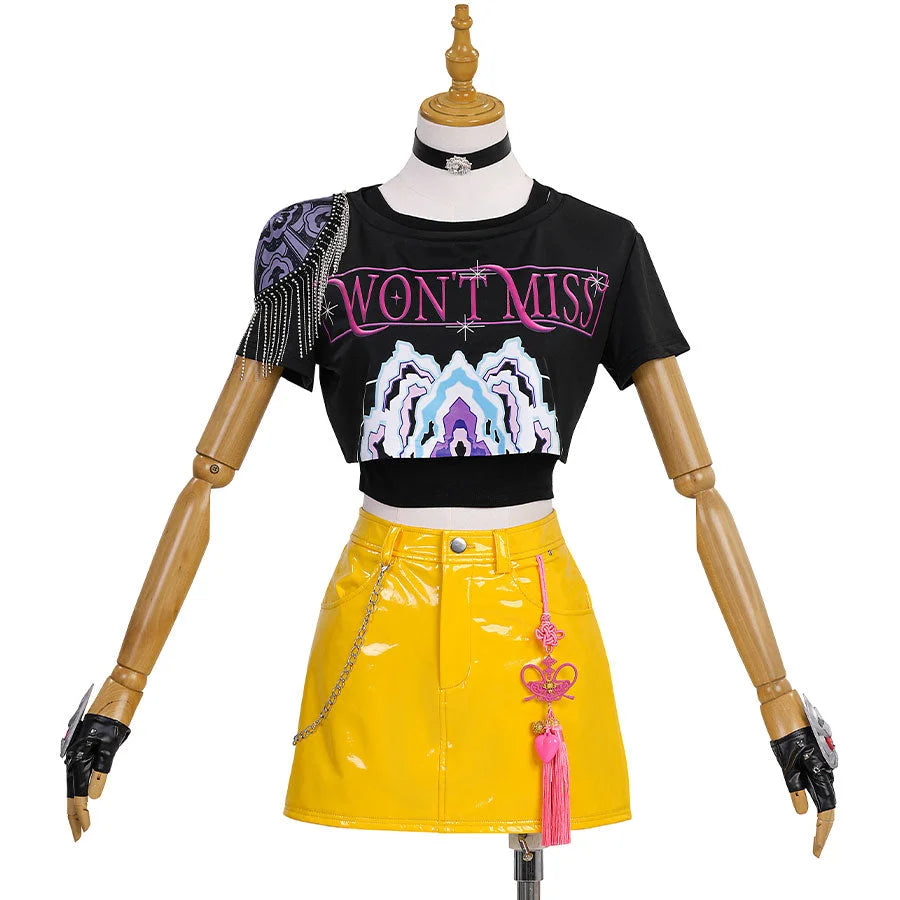 It&#39;s Mira cosplay costume. Mannequin wearing a black crop top with pink text and yellow skirt on a white background