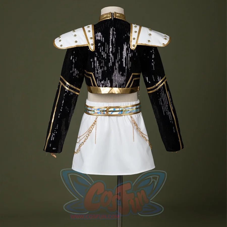 HUNTR/X Kid Zoey cosplay costume, black sequins top, golden decorations and white skirt, back view