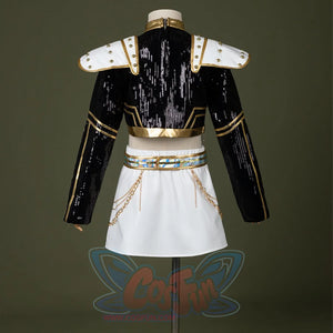 HUNTR/X Kid Zoey cosplay costume, black sequins top, golden decorations and white skirt, back view