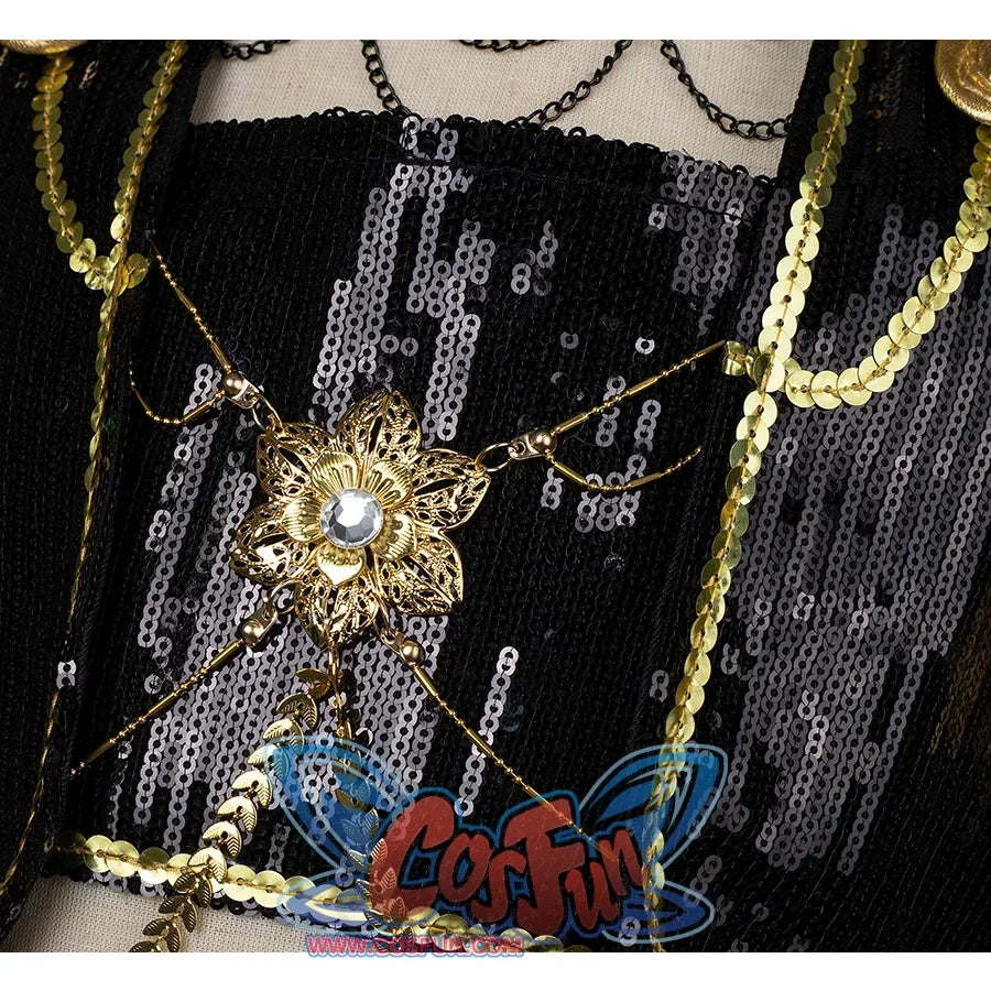 HUNTR/X Kid Mira cosplay costume, sequins black outfit with golden flower chest decoration