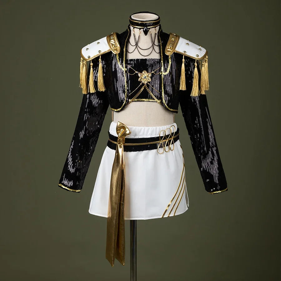 HUNTR/X Kid Mira cosplay costume, sequins black, golden and white outfit, front view