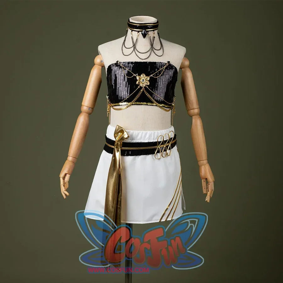 HUNTR/X Kid Mira cosplay costume inner suit, sequins black, golden and white outfit, front view