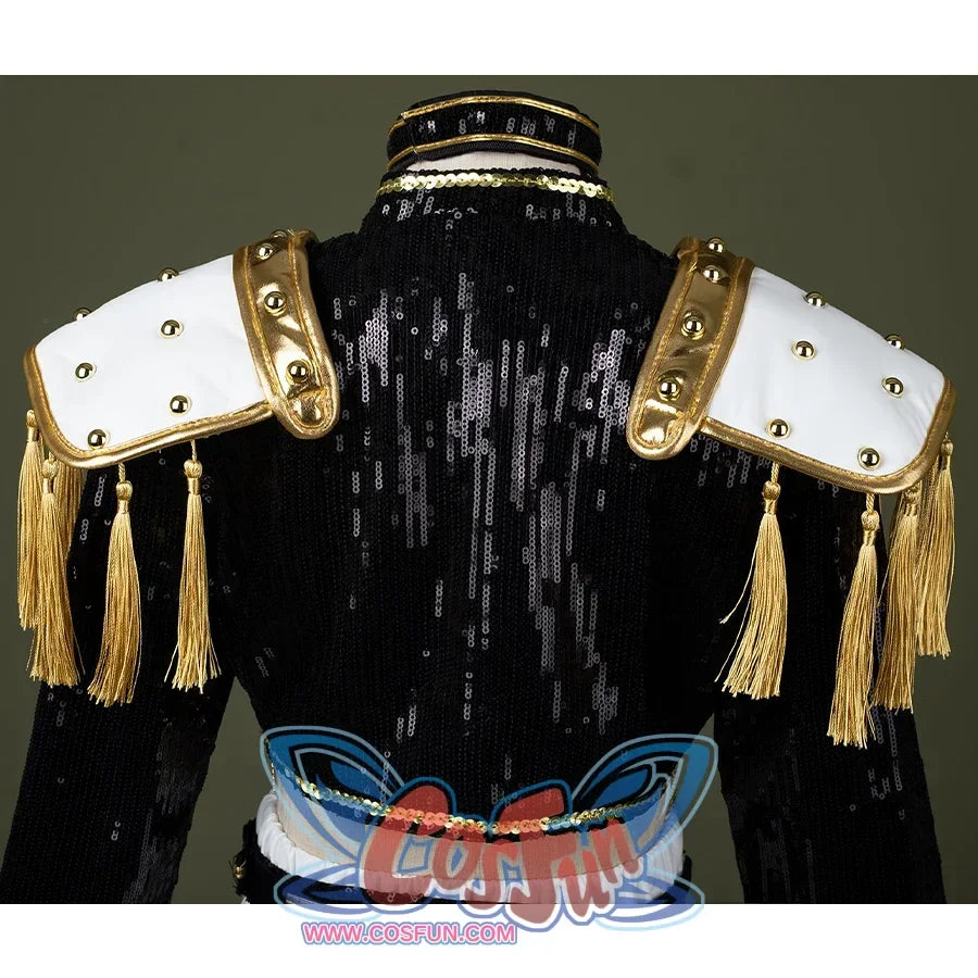 HUNTR/X Kid Mira cosplay costume, sequins black, golden and white jacket back view, showing shoulder accessories