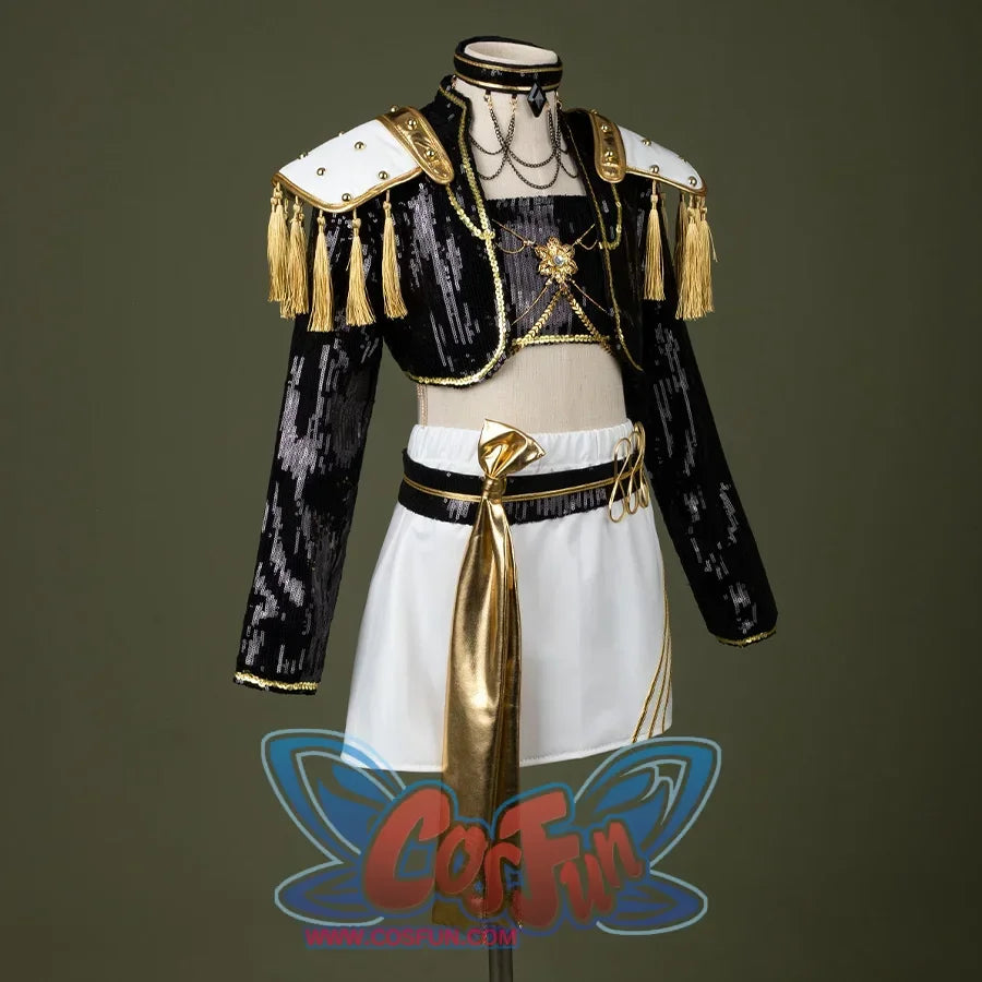 HUNTR/X Kid Mira cosplay costume, sequins black, golden and white outfit, left side view