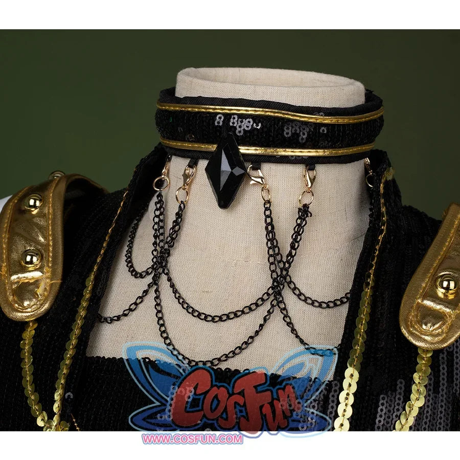 HUNTR/X Kid Mira cosplay costume, black sequins and golden neck accessories with black gem and same color chains 