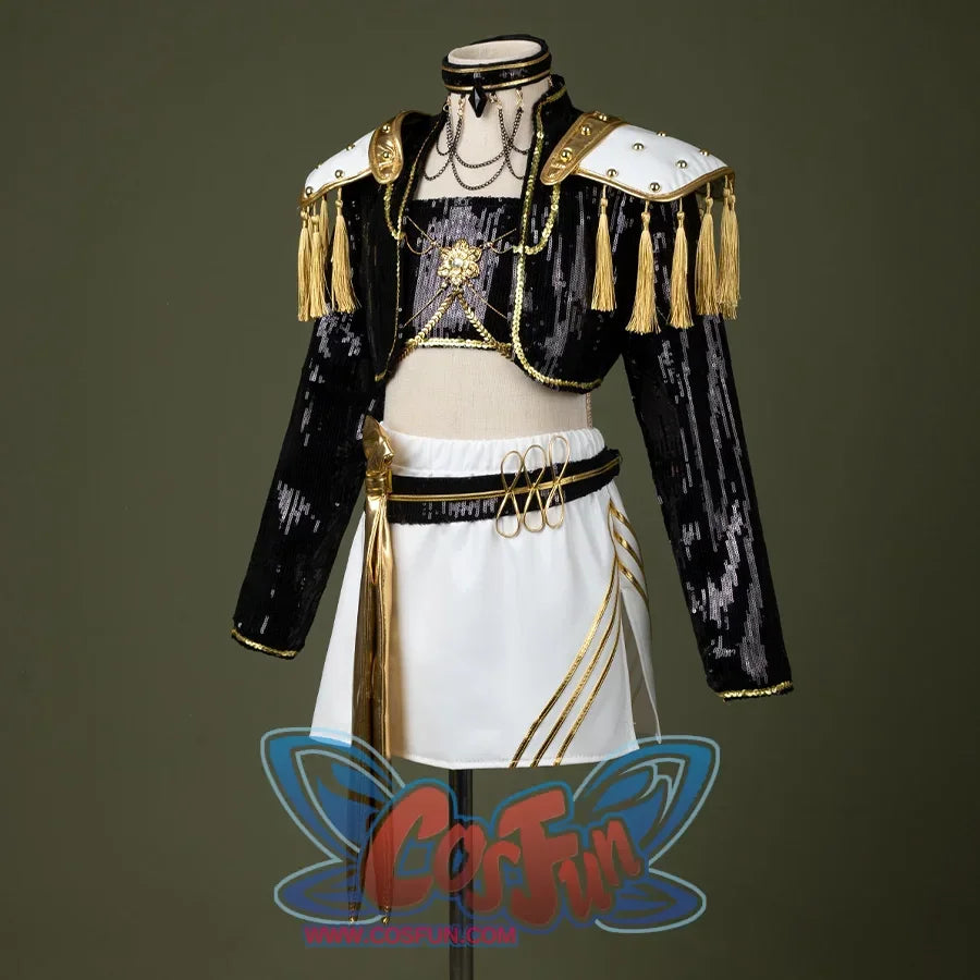 HUNTR/X Kid Mira cosplay costume, sequins black, golden and white outfit, front view