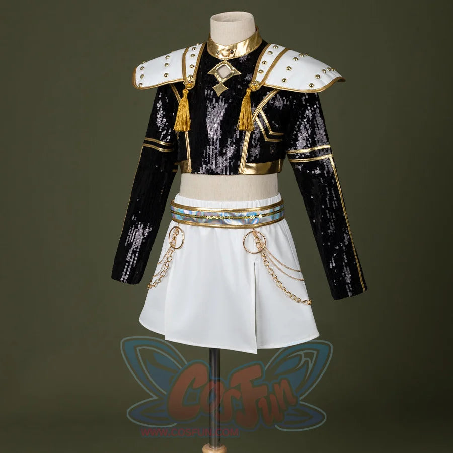 HUNTR/X Kid Zoey cosplay costume, black sequins top, golden decorations and white skirt, right side view