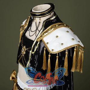 HUNTR/X Kid Mira cosplay costume, white and golden shoulder accessories, showing fringes round buttons