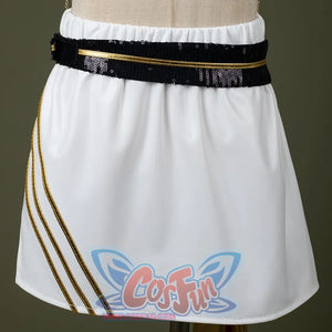 HUNTR/X Kid Mira cosplay costume, white skirt and black sequined belt, back view showing elastic waist design