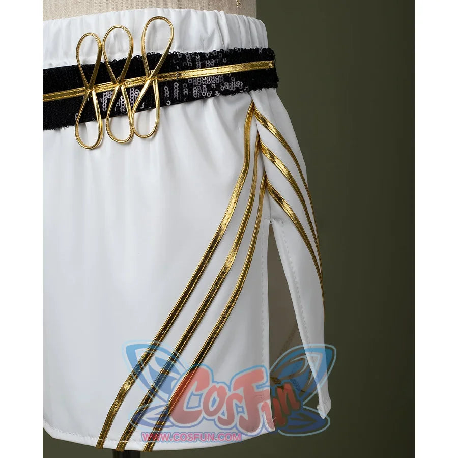 HUNTR/X Kid Mira cosplay costume, close-up of white skirt, showing golden accessory on left side