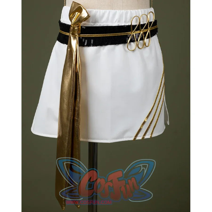 HUNTR/X Kid Mira cosplay costume, white skirt with golden accessory, front view