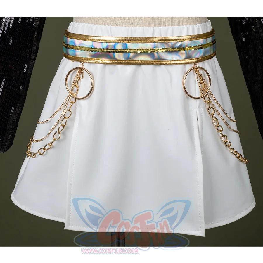 HUNTR/X Kid Zoey cosplay costume, white skirt, showing golden belt and waist ornament