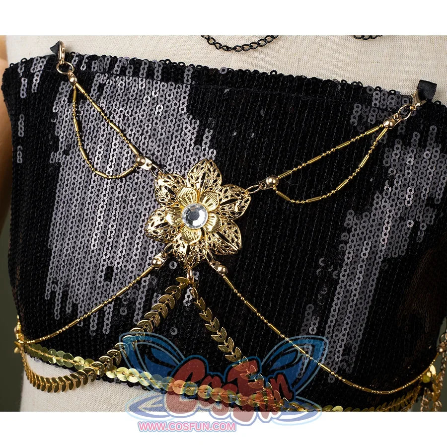 HUNTR/X Kid Mira cosplay costume, close-up of chest, showing golden flower accessory