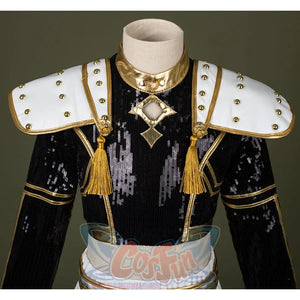 HUNTR/X Kid Zoey cosplay costume, black sequins top, showing golden decorations and shoulder ornaments