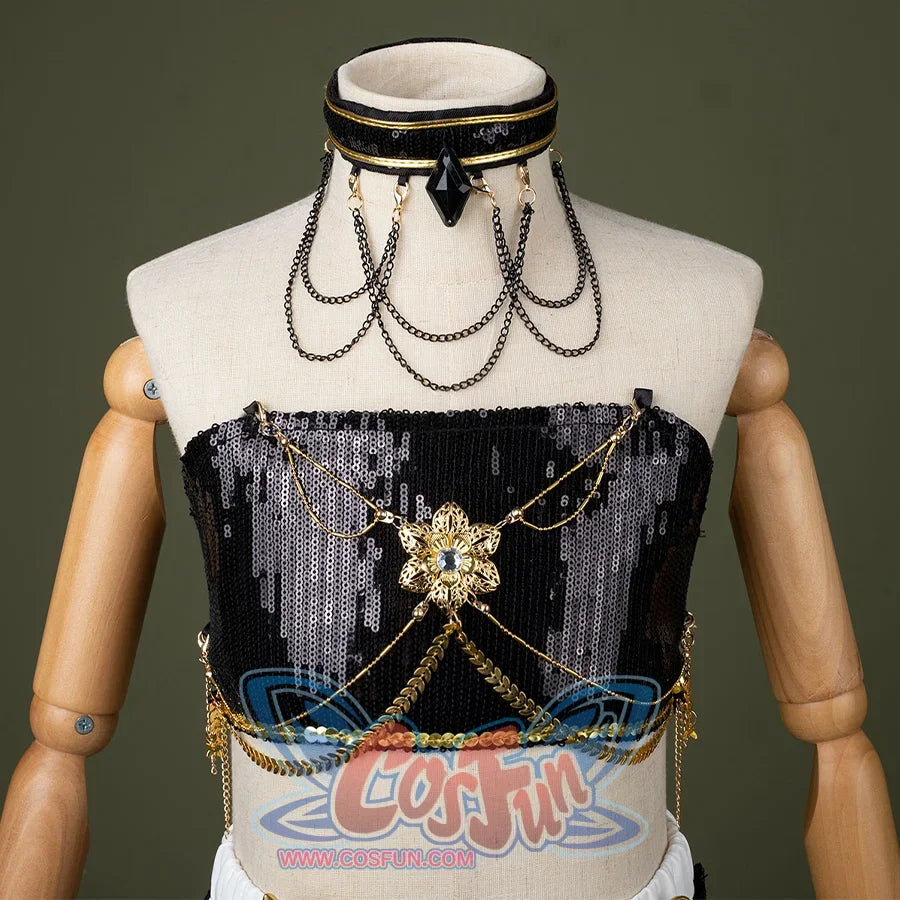 HUNTR/X Kid Mira cosplay costume, sequins black top with golden accessory, front view