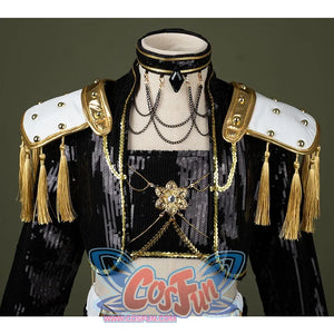 HUNTR/X Kid Mira cosplay costume, sequins black top with golden decoration outfit, upper body view