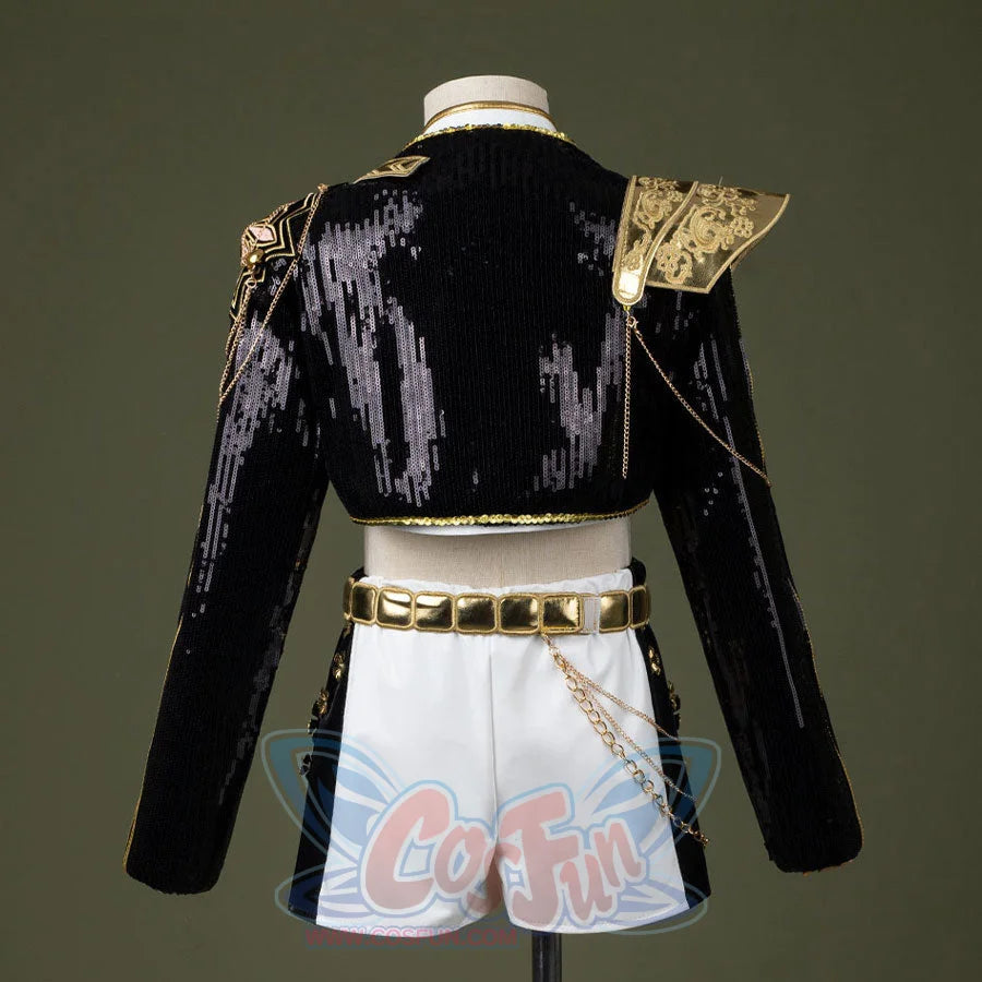 HUNTR/X Kid Rumi cosplay costume, golden black and white shiny stage outfit, front view
