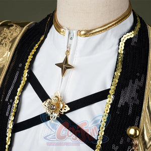 HUNTR/X Rumi cosplay costume for kids, golden black and white shiny stage outfit, detail showcase