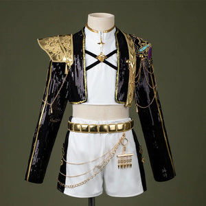 HUNTR/X Kid Rumi cosplay costume, golden black and white shiny stage outfit, front view