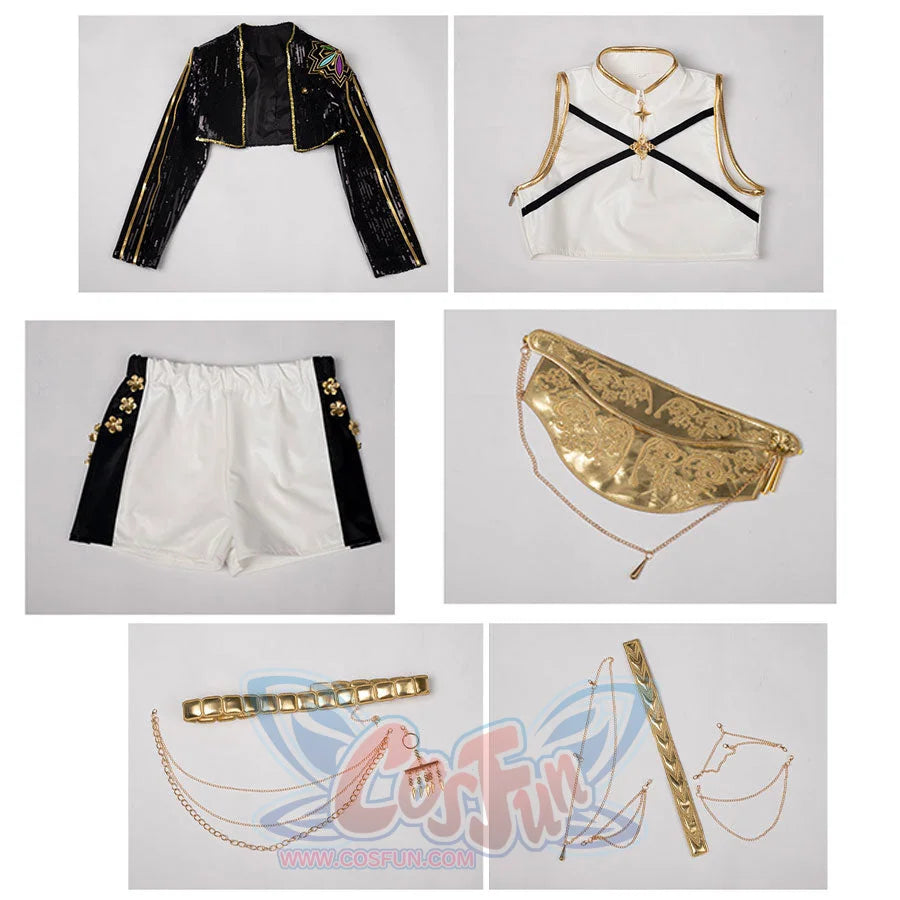 HUNTR/X Rumi cosplay costume for kids, golden black and white shiny stage outfit, including top, coat, shorts, belt, shoulder accessory, waist accessory, chest decoration