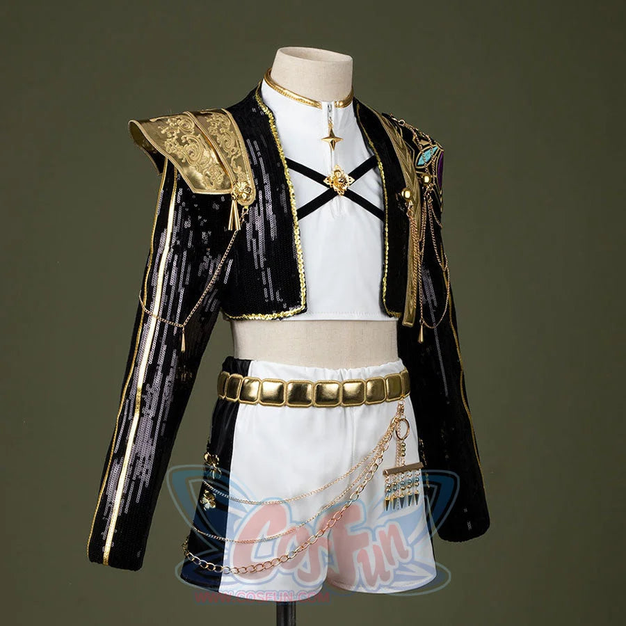 HUNTR/X Rumi cosplay costume for kids, golden black and white shiny stage outfit, side view showing shoulder armor