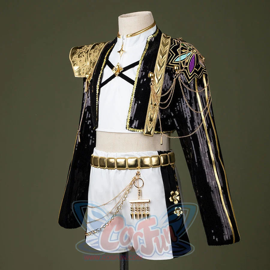 HUNTR/X Rumi cosplay costume for kids, golden black and white shiny stage outfit, back view showing chains and embroidered details
