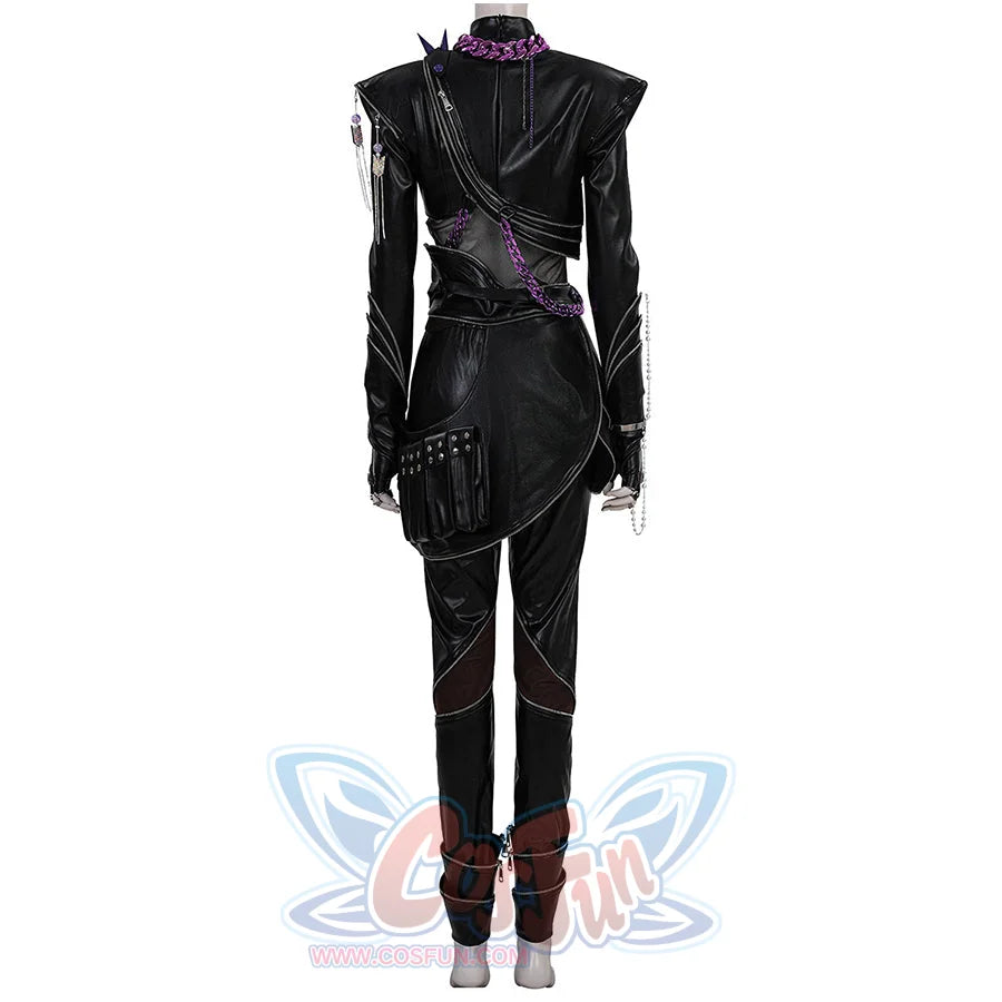 Rumi cosplay black leather suit with purple decorations, mesh details, waist belt, zipper pants and chain accessories for stylish anime cosplay.