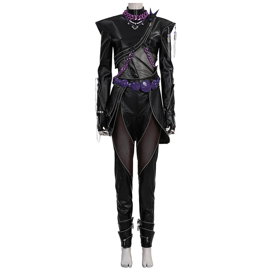 Rumi cosplay black leather suit with purple decorations, mesh details, waist belt, zipper pants and chain accessories for stylish anime cosplay.