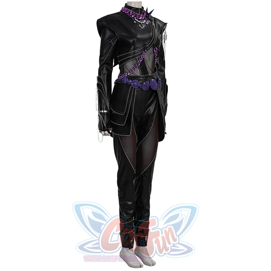 Rumi black cosplay costume with leather suit, purple accents, belt and chains.