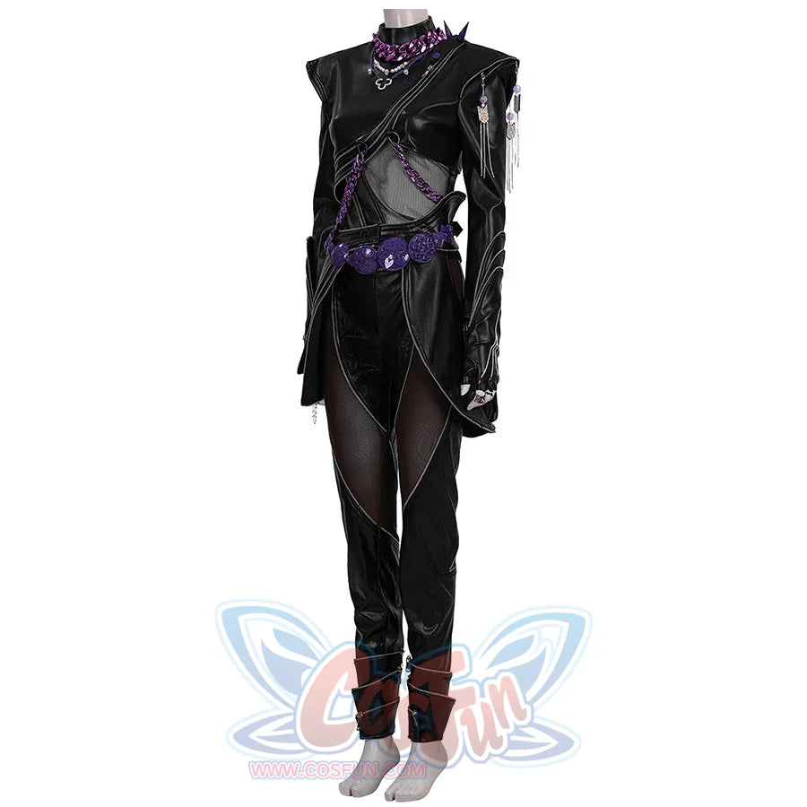 Rumi cosplay costume killer black suit with leather top, bold shoulder design, mesh details, purple belt and chain accessories for anime cosplay.
