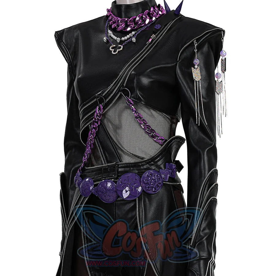Close-up of Rumi cosplay black leather suit with mesh details, bold shoulder design, purple waist belt and chain accessories.