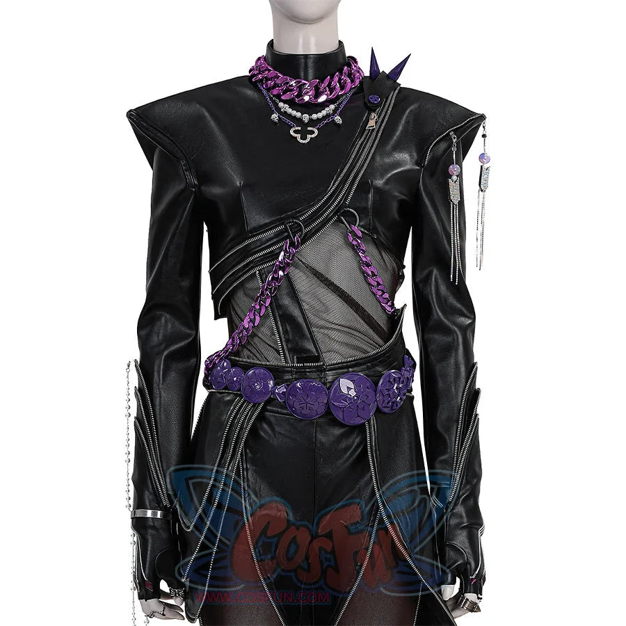 Rumi cosplay black leather suit with purple decorations, mesh details, waist belt and chain accessories for stylish anime cosplay.