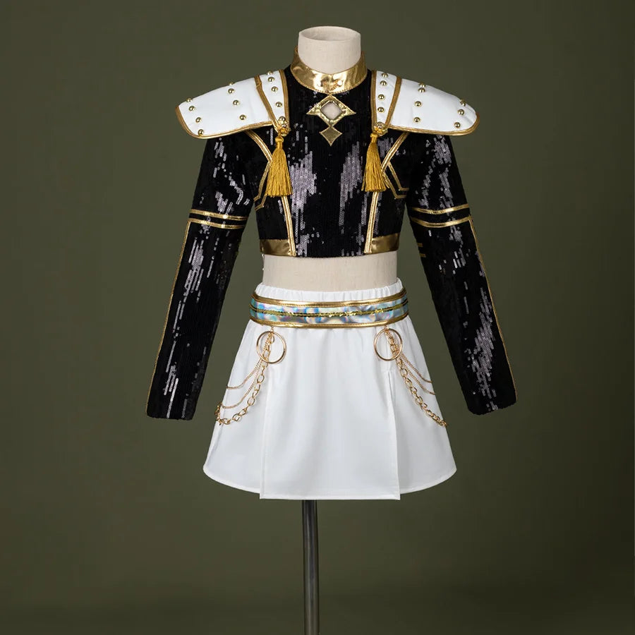 HUNTR/X Kid Zoey cosplay costume, black sequins top, golden decorations and white skirt, front view