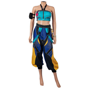 Zoey Cosplay Costume:  Mannequin wearing a colorful outfit with a blue top and multicolored pants on a white background