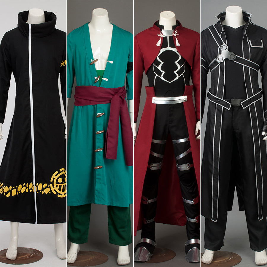 COSFUN Trafalgar Law Zoro Archer Kirito cosplay costumes set across four distinct panels.