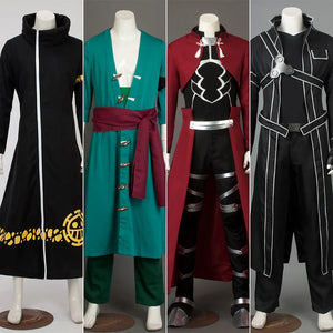 COSFUN Trafalgar Law Zoro Archer Kirito cosplay costumes set across four distinct panels.