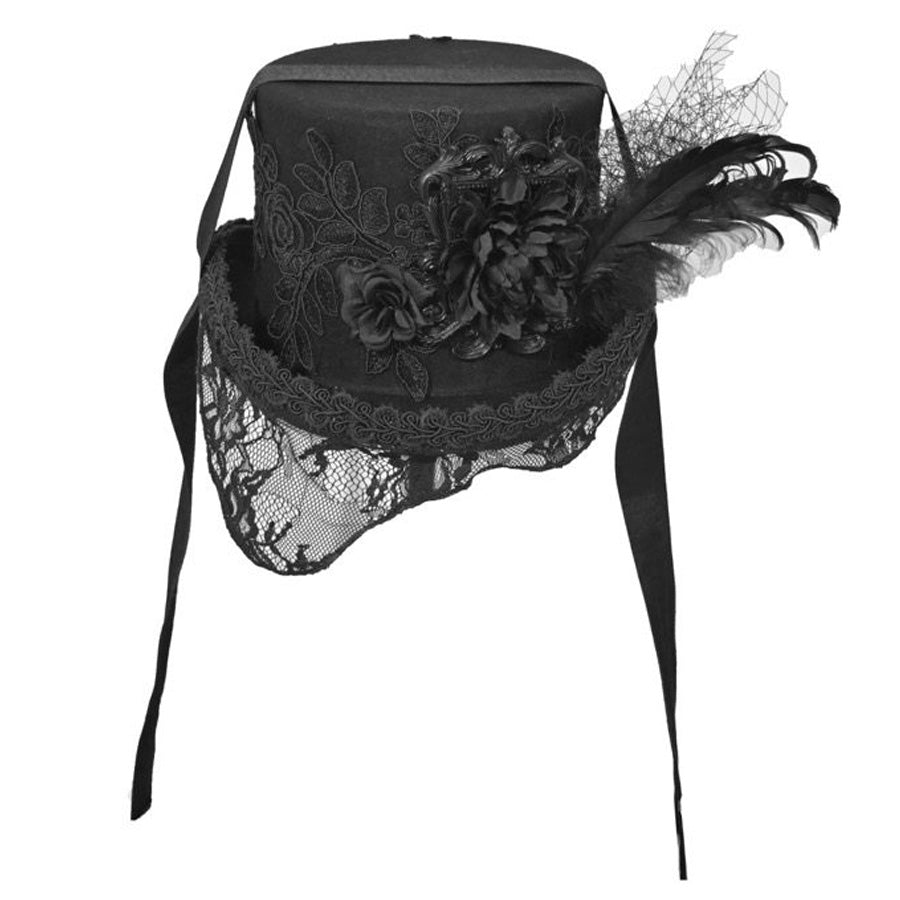 Product shot of the black Gothic Victorian flat-top hat on white background showing embroidered rose detail, black fabric flowers, feathers, and lace veil with black ribbon straps