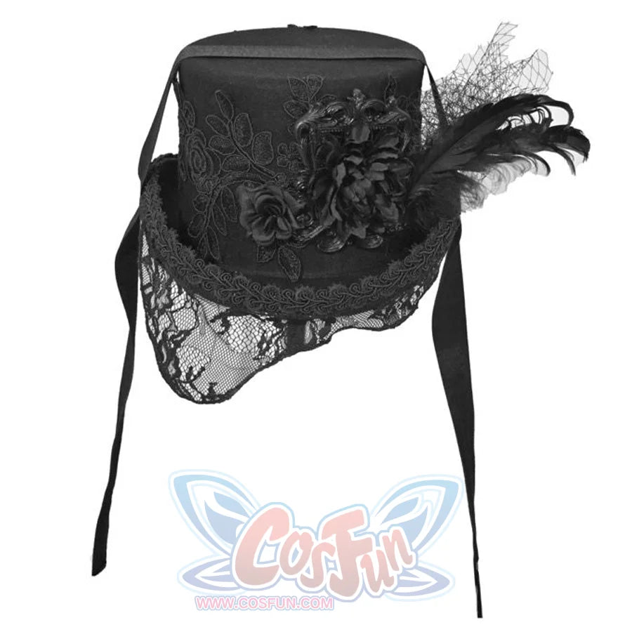 Product shot of the black Gothic Victorian flat-top hat on white background showing embroidered rose detail, black fabric flowers, feathers, and lace veil with black ribbon straps