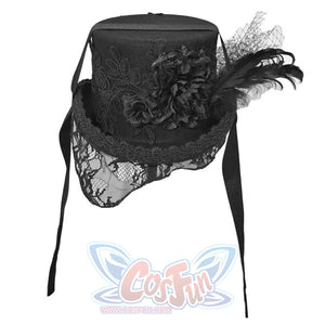 Product shot of the black Gothic Victorian flat-top hat on white background showing embroidered rose detail, black fabric flowers, feathers, and lace veil with black ribbon straps
