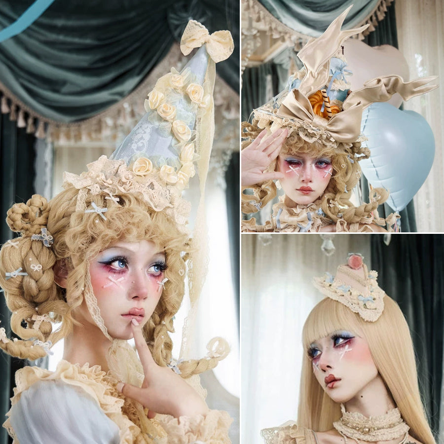 COSFUN Cream Oracle Rococo dessert headpieces collage with pointed hat, cookie cake hat, and cake-slice headpiece styling