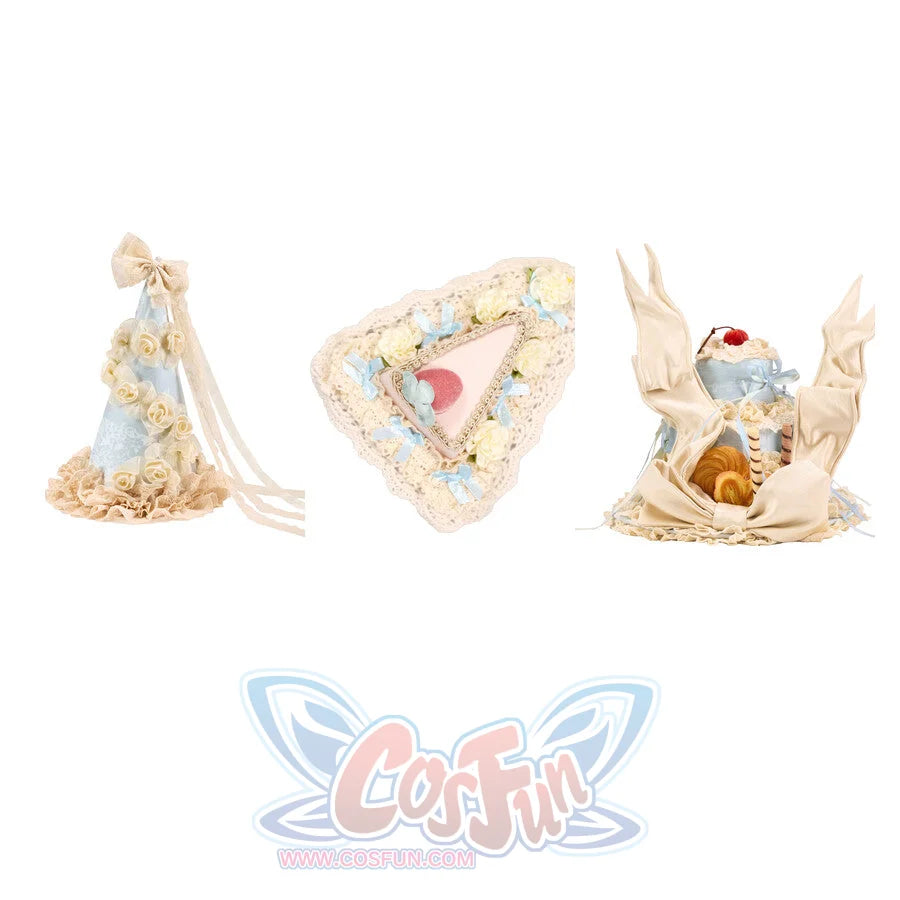Selectable Rococo dessert headpiece items with pointed hat, cake-slice headpiece, and cookie cake hat