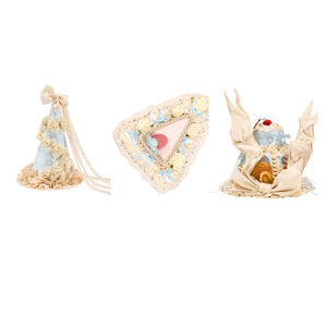 COSFUN Rococo dessert headpieces with a pointed hat, cake slice headpiece, and cookie cake hat