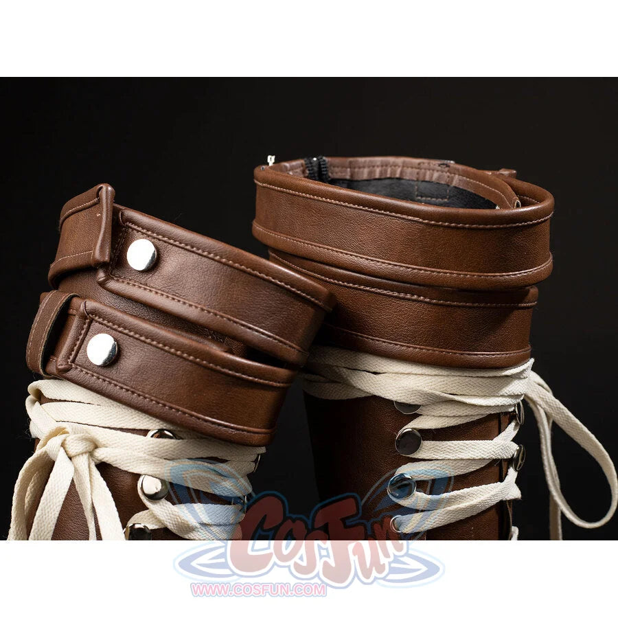 COSFUN Rogue Anna Marie cosplay boots upper shaft close-up with brown wrap straps, cream laces, eyelets, and snaps