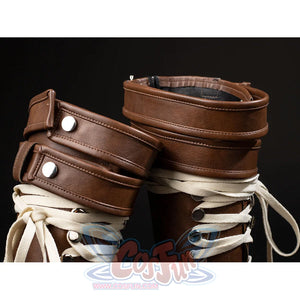 COSFUN Rogue Anna Marie cosplay boots upper shaft close-up with brown wrap straps, cream laces, eyelets, and snaps
