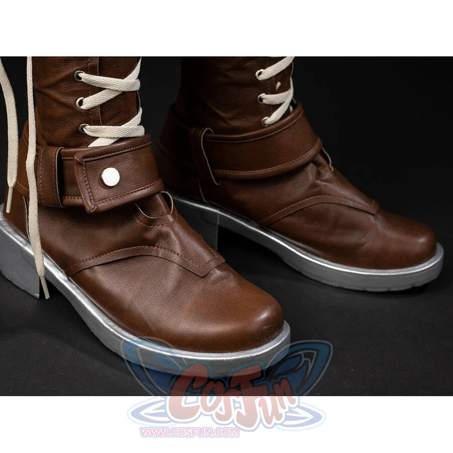COSFUN Rogue Anna Marie cosplay boot toe close-up with brown textured upper, ankle strap, cream laces, and silver sole edge