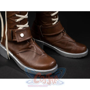 COSFUN Rogue Anna Marie cosplay boot toe close-up with brown textured upper, ankle strap, cream laces, and silver sole edge