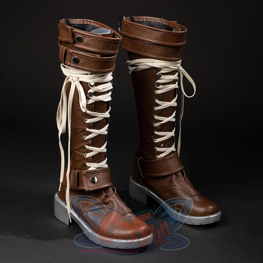 COSFUN Rogue Anna Marie cosplay boots, angled front view with brown panels, cream laces, upper straps, and silver soles